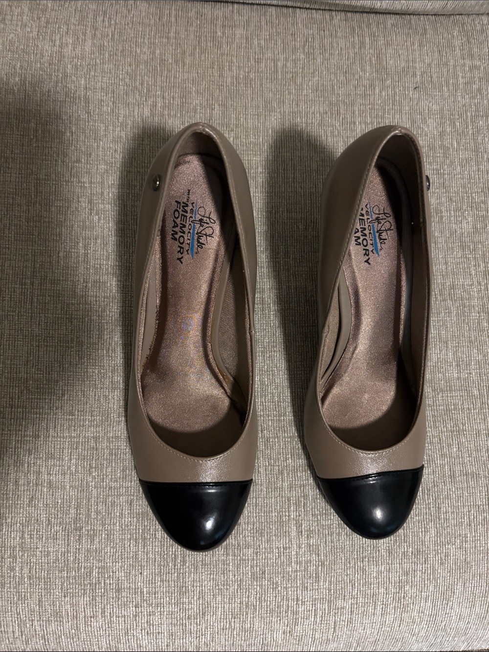 Life Stride Taupe Pumps with Black Cap Toe